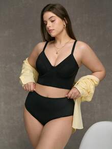 SHEIN Juego De Sujetador Y Camiseta De Tirantes Con Aros De Talla Grande Y Color Sólido - Negro - Ver 4