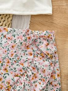 Emery Rose Kids Emery Rose Kids 少女純色圓領無袖T恤與花卉荷葉邊裙時尚套裝 - 粉色 - 查看 6