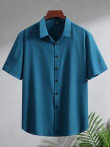 Manfinity Mode Camisa de manga corta casual para ir al trabajo con rayas y abotonadura sencilla para hombre de talla grande - Agua verde azul - Ver 3