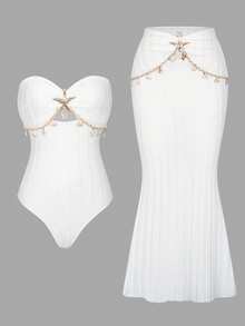 Sirith Solid Color One-Piece Swimsuit, Paired With Starfish Accessories And Beach Dress, Spring/Summer - White - View 6