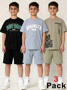 SHEIN 3件組買2送1 青少年男孩女孩兒童休閒字母印花圓領針織套頭T恤運動服，黑色、白色、卡其色，適合學校、外出、派對，春/夏季 - 彩色 - 查看 3