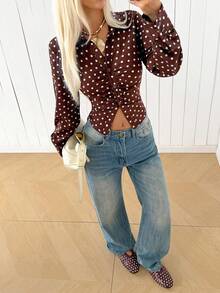 SHEIN EZwear 棕色編織波點女款休閒襯衫 - 咖啡棕 - 查看 7