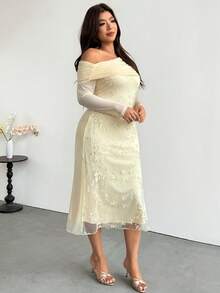 Sassy Hour Plus Size Women's Autumn/Winter Elegant Exquisite Date Cocktail Formal Party Wedding Asymmetric Neck Long Sleeve Embroidered Mesh Cream Mermaid Dress - Apricot - View 6