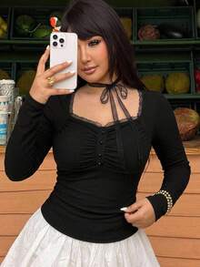 REIGN AVE Plus Size Women Solid Color Fitted Lace-Up Long Sleeve Cropped T-Shirt, Spring/Autumn - Black - View 12