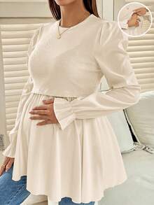 SHEIN 孕婦休閒花瓣袖哺乳上衣，適合春秋穿著 - 杏色 - 查看 3