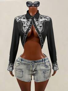 Mistrie Nueva camisa corta de cuello redondo con estampado de moda vintage negro para mujer, otoño, con estampado jacquard para mujer - Negro - Ver 5