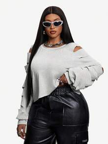 Maweii Sudadera corta de mujer talla grande, nueva, gris claro, con diseño calado, efecto desgastado, hombros caídos, estilo sexy corto, manga larga con diseño de recortes, tela de punto elástica, estilo callejero americano, uso casual diario, estilo personalizado de chica atractiva, sudadera corta holgada y estilizada para primavera/otoño - Gris Claro - Ver 2