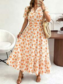 Ceyna Vestido elegante casual holgado de talla grande para mujer con cuello en V pequeño, manga corta y tela texturizada con falda completa, vestido de invitada de boda, vestido bohemio extra largo de primavera, ropa de verano para mujer, vestido de vacaciones/Vestido nuevo de verano 2026 de largo medio/Vestido de verano con estampado floral pequeño - Amarillo - Ver 5
