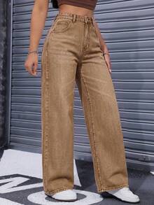 SHEIN ICON 女士口袋宽松阔腿休闲百搭牛仔裤 - 棕色 - 查看 3