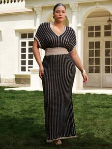 VOLUPTÉ CURVE Plus Size Women's Spring/Summer Black 2-Piece Set V-Neck Striped Knit Short Sleeve Top & Maxi Skirt, Elegant Casual Business Vacation Outfit - White - View 6