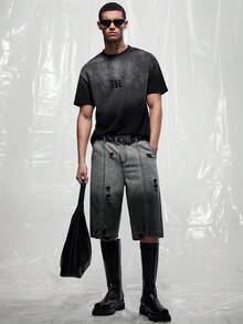 IRON GLYPH 男士街頭風漸層刺繡T恤 - 黑色 - 查看 5