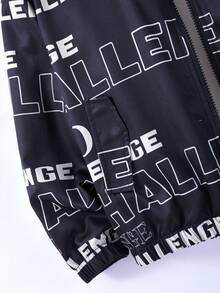 SHEIN 青少年女孩字母印花長袖拉鍊休閒連帽外套 - 黑與白 - 查看 4