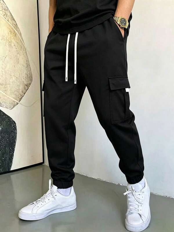 Manfinity Homme Men's Mature Casual Elastic Waist Cargo Jogger Sweatpants, Suitable For Daily Casual, Weekend Outings, Travel, Friends Gatherings And More. This Pair Of Pants Is An Essential Versatile Item In Men's Wardrobe, Making It A Perfect Gift For Boyfriend Or Husband
