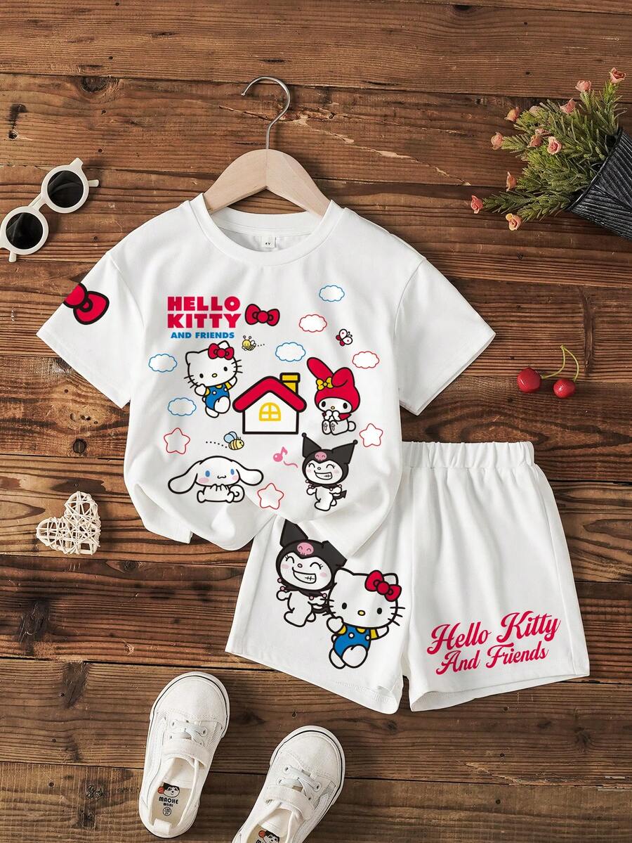 HELLO KITTY AND FRIENDS | SHEIN 女童卡通印花T恤短褲套裝 - 白色 - 查看 1