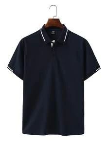 Manfinity Homme 男士拼色休閒百搭通勤旅行短袖 Polo 衫 - 藏蓝色 - 查看 3