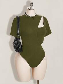 SHEIN ICON 女款大尺碼純色鏤空休閒百搭日常穿著連身衣 - 軍綠色 - 查看 6