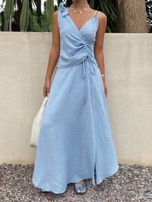 DAZY Women's Vacation Asymmetrical Neckline Sleeveless Dress With Drawstring Waist Summer - Blue - View 1