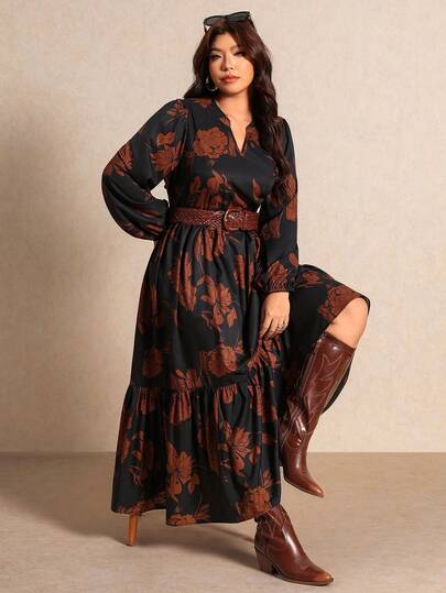 Elaquor Plus Size Floral Print Lantern Sleeve Dress Elegant Daily Going Out Dress For Women Fall/Winter Elegant Back To School Dress For Women Halloween Dress
