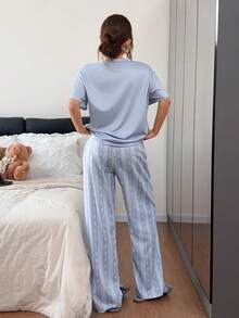 Napfluff Solid Color Short Sleeve Top With Puff Wrinkled Lines And Ditsy Floral Long Pants Pajama Set - Multicolor - View 2