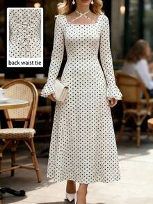 Modelyn French Design Square Neck Waist-Cinched Slimming Tie-Up Long Dress For Women - Apricot - View 8