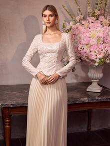 MOTF Soiréza ELEGANT WOMEN'S SQUARE NECK LONG SLEEVE BEADED CHIFFON PLEATED MAXI DRESS , WEDDING, PARTY - Champagne - View 7