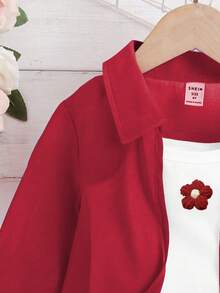 Genkimix Kids 少女花卉印花細肩帶上衣搭配純色長袖上衣與短褲休閒日常套裝 - 酒紅色 - 查看 3