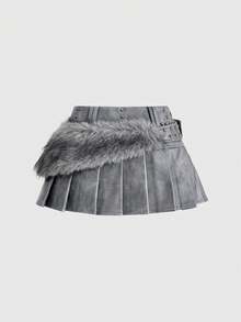 ROMWE EDITION Y2K Sexy Hot Girl Retro Brown Faux Fur Patchwork PU Mini Skirt For Women - Grey - View 2