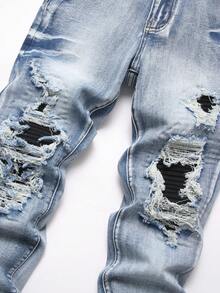 Manfinity Roughcore Men's Fashion Versatile Pocket Button Distressed Denim Jeans - Light Wash - View 3