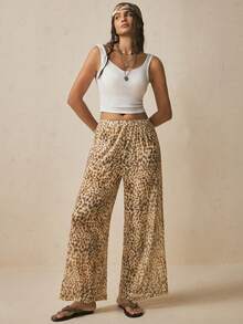 Freevana Celana Panjang Gaya Liburan Pantai Boho Seksi Motif Leopard dengan Tali Serut dan Potongan Lebar, Model Longgar dan Menutupi Tubuh - MultiWarna - View 6