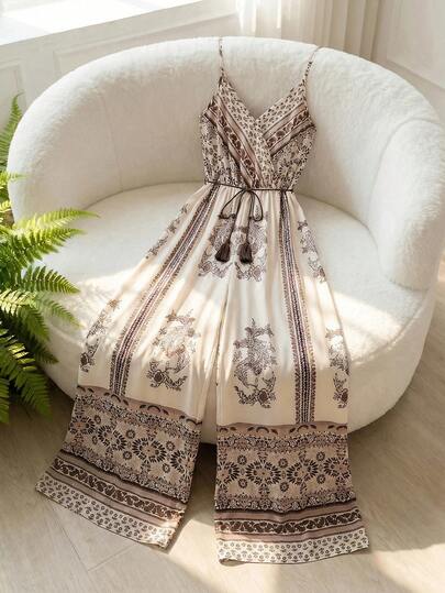 SHEIN Clasi Combinaison à jambes larges avec imprimé floral, taille cintrée et bretelles spaghetti pour les vacances