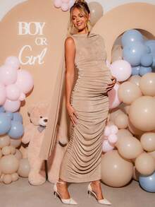 Loomaby Elegant Ruched Fitted Party Dress For Pregnant Women Dress Gender Reveal Dress Maternity Dress Baby Shower Dress - Apricot - View 9
