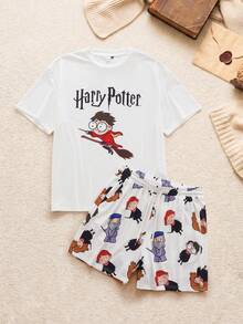 HARRY POTTER X SHEIN Men's Short Sleeve T-Shirt And Shorts Loungewear Set - White - View 1