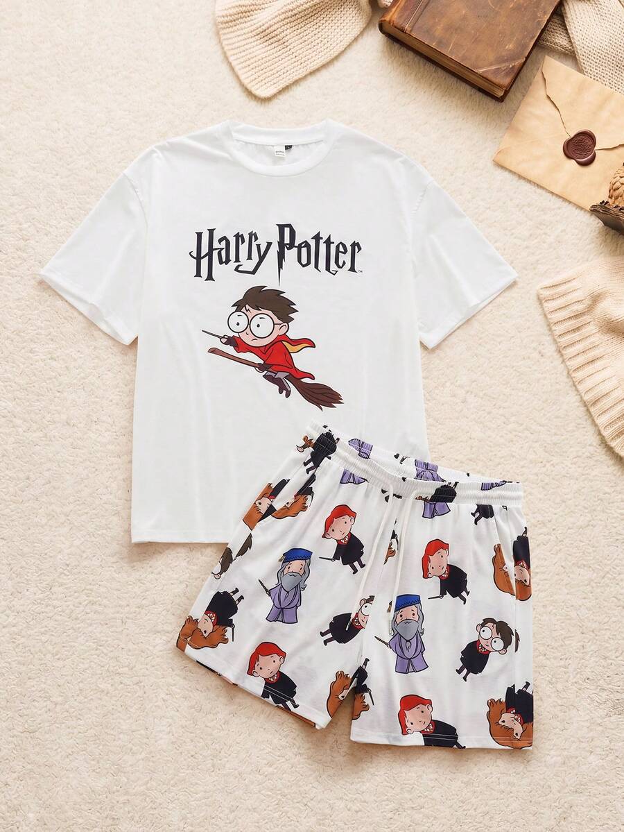HARRY POTTER X SHEIN Men's Short Sleeve T-Shirt And Shorts Loungewear Set - White - View 1