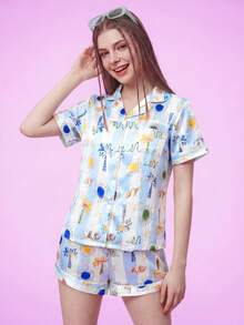 Provexi Provexi Women's Comfortable Cool Summer Short Sleeve Satin 2 Pieces Lounge Set - Blue and White - View 1