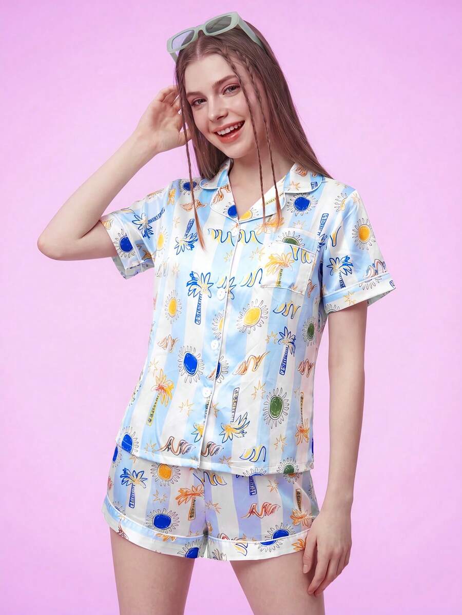 Provexi Provexi Women's Comfortable Cool Summer Short Sleeve Satin 2 Pieces Lounge Set - Blue and White - View 1