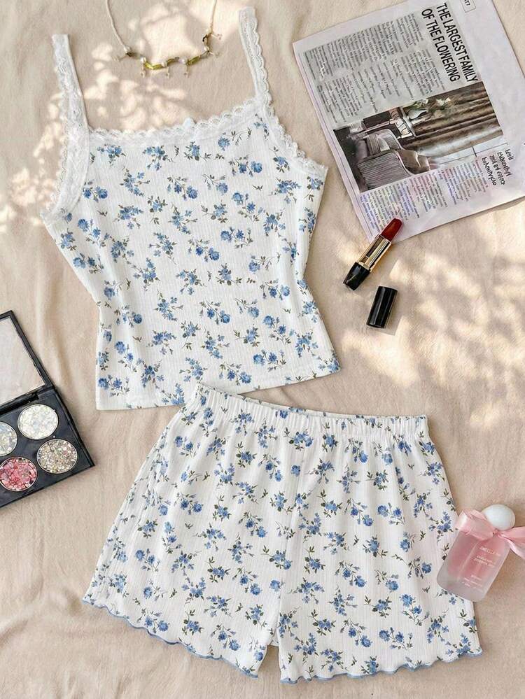 SHEIN Teen Girls Simple Floral Pattern Ribbon Bow Trim Camisole Shorts Comfortable Casual Cute White Slim Fit Pajama Set 2pcs Summer - Blue - View 3