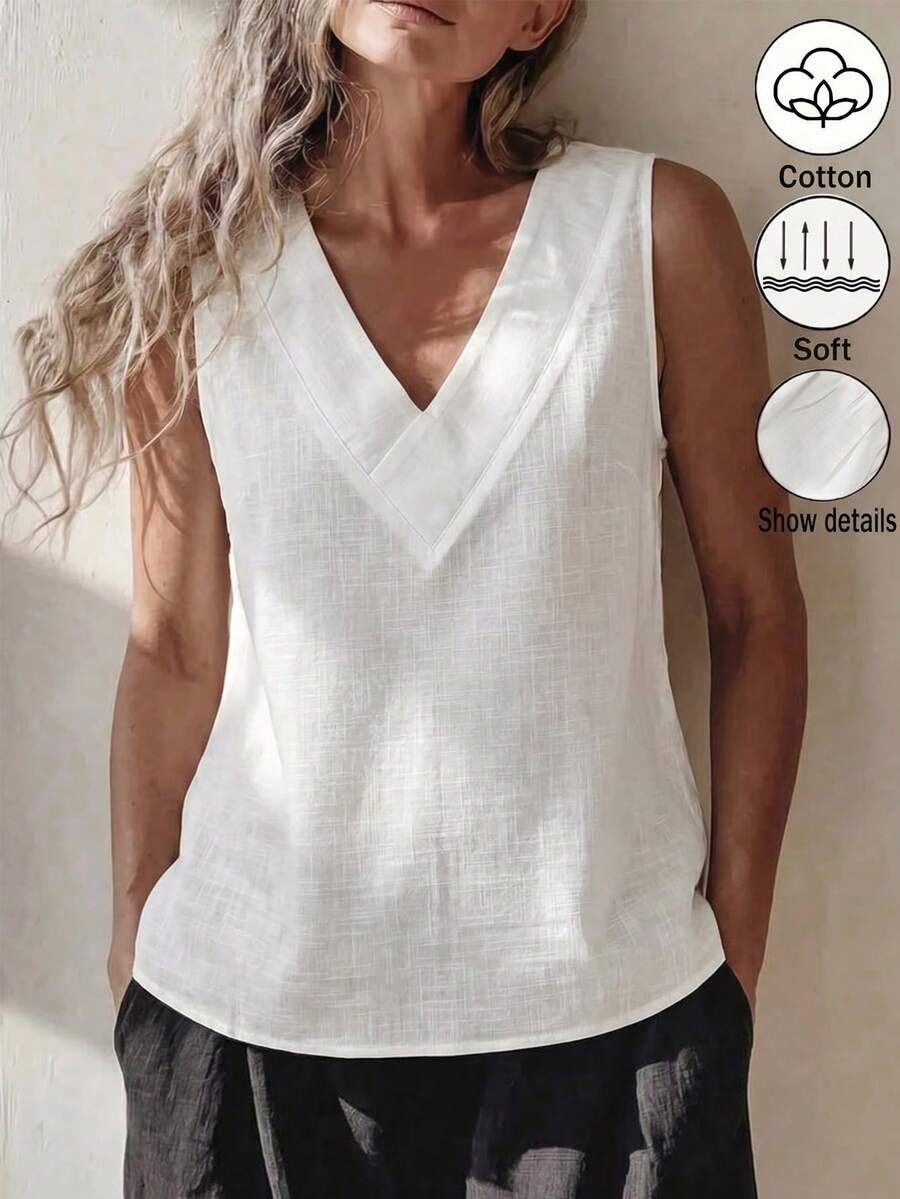 Linhara CURVE White Linen Fabric Shawl Style Sleeveless Tank Top, Suitable For Summer Daily Wear - White - View 1