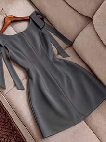 SHEIN Franclia 女款素色時尚優雅蝴蝶結肩帶洋裝 - 灰色 - 查看 2