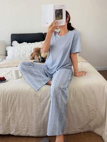 Napfluff Solid Color Short Sleeve Top With Puff Wrinkled Lines And Ditsy Floral Long Pants Pajama Set - Multicolor - View 4