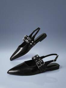CUCCOO GRLICON Niche Design Black Pointed Double Rivet Shoes, Bright Leather Rear Strap Comfortable Low Vamp Women's Shoes - Black - View 2