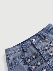 ROMWE Grunge Punk Punk Cavalry Button Design Ultra Low Waist Mini Bodycon Denim Skirt - Blue - View 4