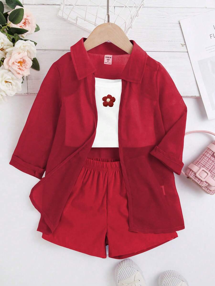 Genkimix Kids 少女花卉印花細肩帶上衣搭配純色長袖上衣與短褲休閒日常套裝 - 酒紅色 - 查看 1
