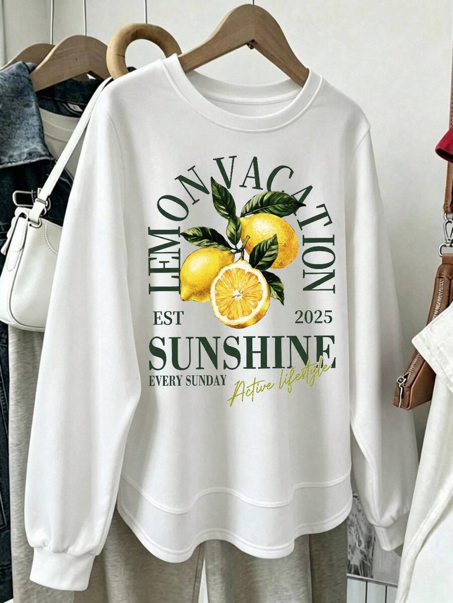 SHEIN LUNE 女款字母與檸檬印花圓領長袖休閒運動衫 - 彩色 - 查看 1