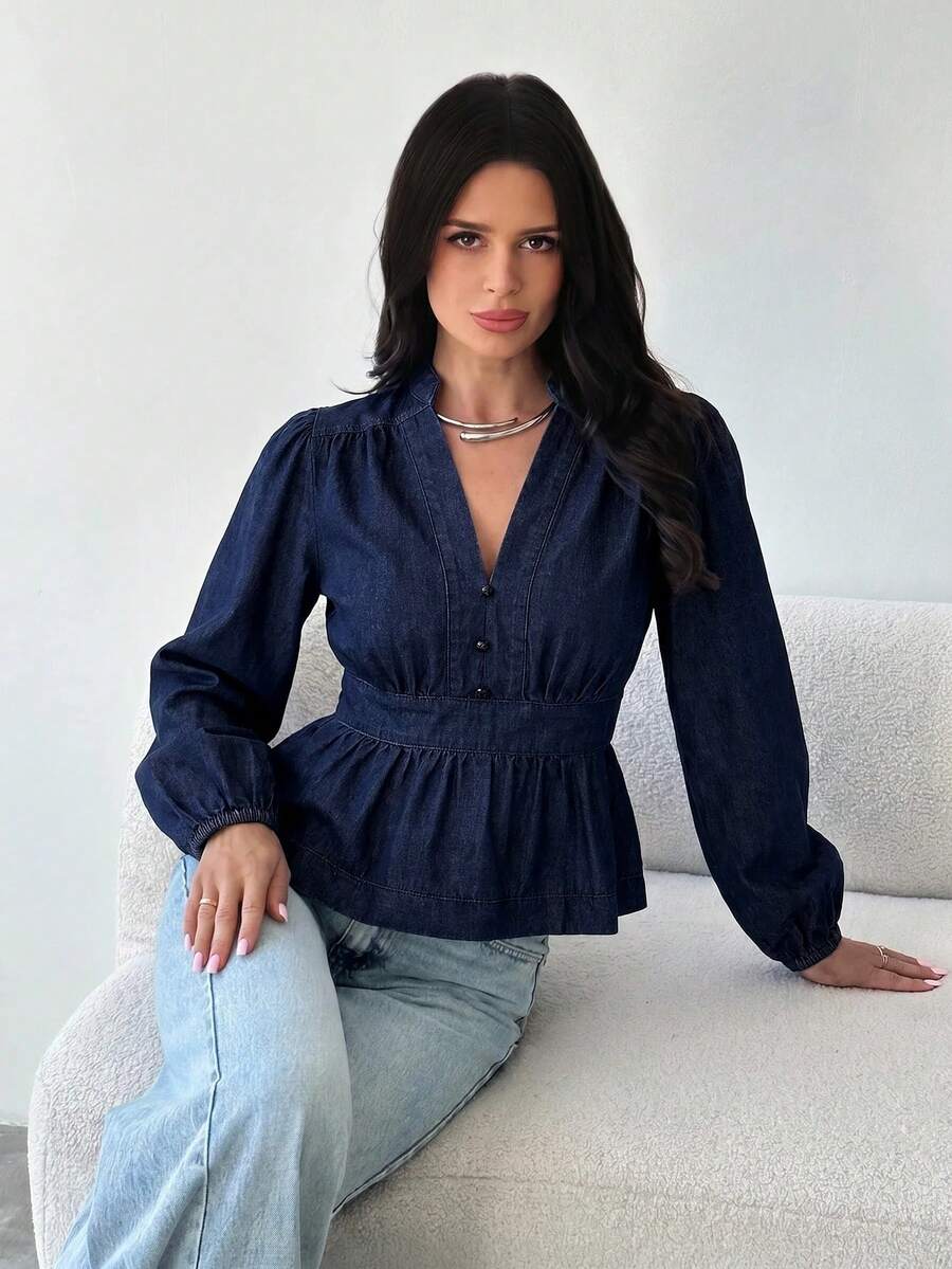 Firerie Women's Notch V-Neck Long Sleeve Button Design Ruffle Hem Denim Top Fall/Winter Elegant Casual Y2k Chic Basic Festival Back To School Going Out Ruffle