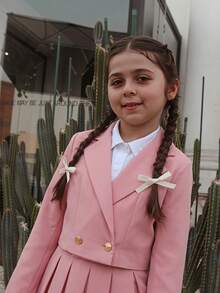 SHEIN Tween Girl Tween Girl Tween Girl Back To School Outfit, Fitted Pink Patchwork Long Sleeve Collared Vintage Preppy Exquisite Jacket Set, Casual Preppy Style - Pink - View 14