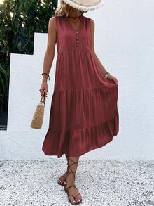 Breezaya Vestido de túnica con detalle de botones y bajo con volantes, vestido largo ideal para vacaciones en la playa para mujeres - Color caoba - Ver 7