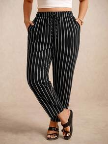 Elaquor Plus Size Casual Striped Colorblock Drawstring Waist Pocket Long Pants Fall - Black - View 3