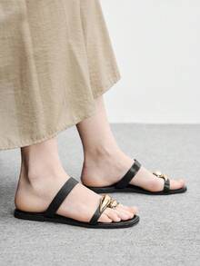 CUCCOO BIZCHIC Minimalist Black Leather Metal Drop Toe Flats - Black - View 6