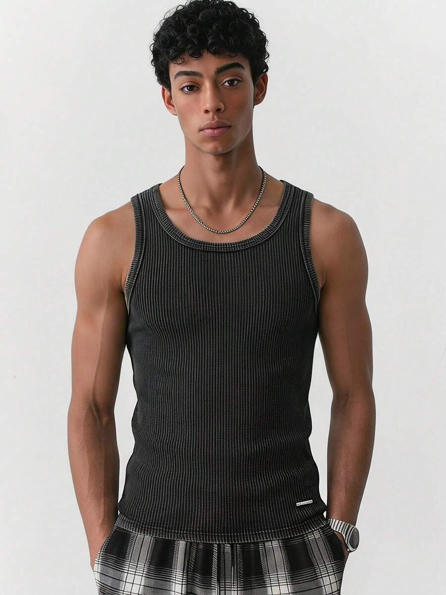 SWAVVY Men's Summer Casual Slim Fit Tank Top Black Standard Size Solid Color Snow Wash - Black - View 1