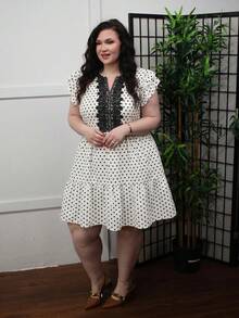 Truni 大码女式蕾丝波点荷叶袖优雅连衣裙 - 杏色 - 查看 6